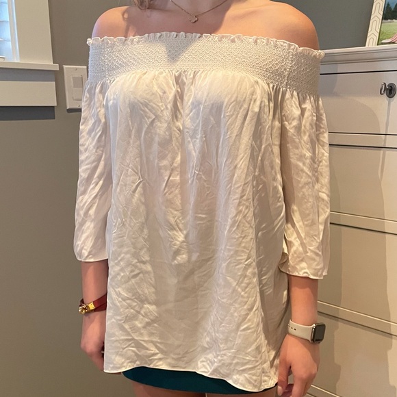 THEORY white silk smocked off shoulder blouse top - Picture 2 of 9